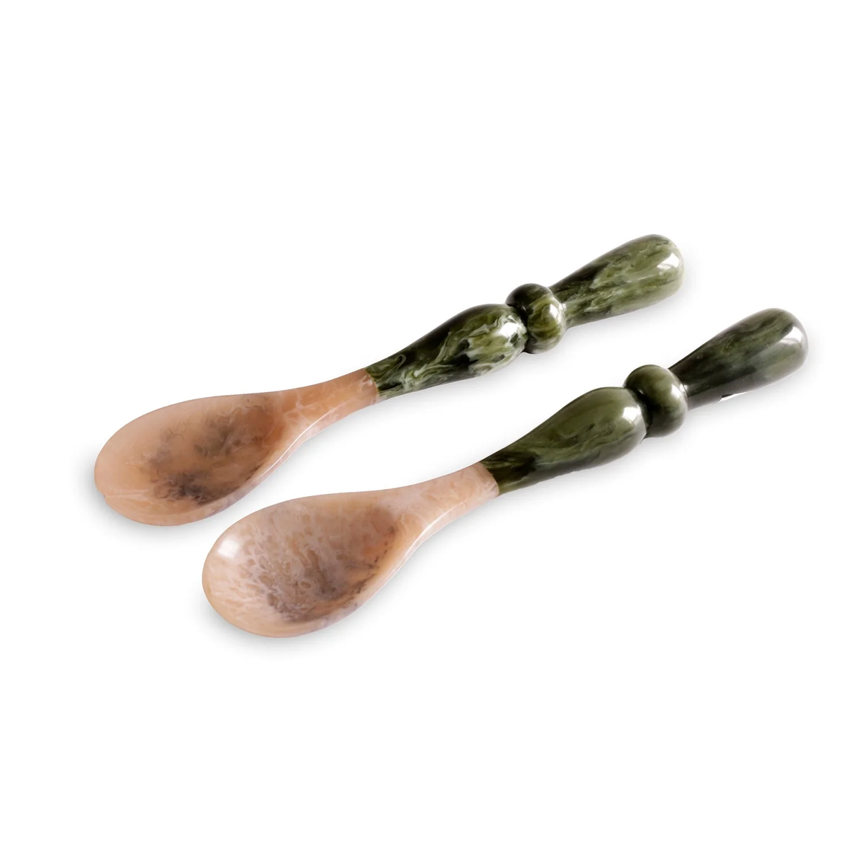 Beatriz Ball Resin Malachite Salad Server Set - Green featuring two salad servers with pale, mottled bowls and dark green, swirl-patterned resin handles.