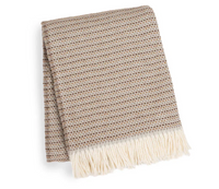 The A Soft Idea Multi Grain of Rice Throw features a beige and brown houndstooth pattern with cream fringe, adding cozy style to your home décor. Shown folded against a white background.