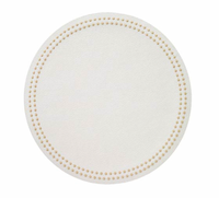 The Pearls Round Placemat Set of 4 by Bodrum features round, white, phthalate-free vinyl placemats with a textured surface and two concentric circles of tan dots along the edge, shown against a white background.
