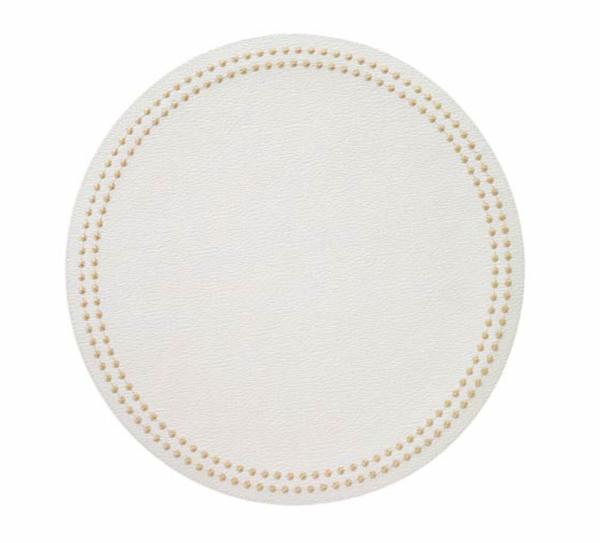 The Pearls Round Placemat Set of 4 by Bodrum features round, white, phthalate-free vinyl placemats with a textured surface and two concentric circles of tan dots along the edge, shown against a white background.