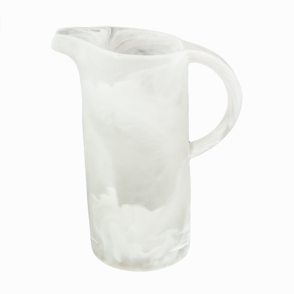 The Nashi Home Swirl Resin Classic Pitcher is a tall, translucent white pitcher with a marbled swirl pattern, curved spout, and rounded handle. It's shatterproof, dishwasher safe, and shown against a plain white background.