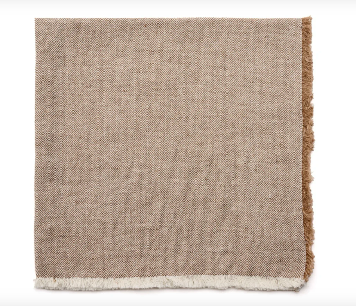 A brown and cream herringbone blanket with white and brown fringe, shown flat on a white background—ideal for pairing with the Deborah Rhodes Herringbone Coffee Fringe Napkin Set of 4.