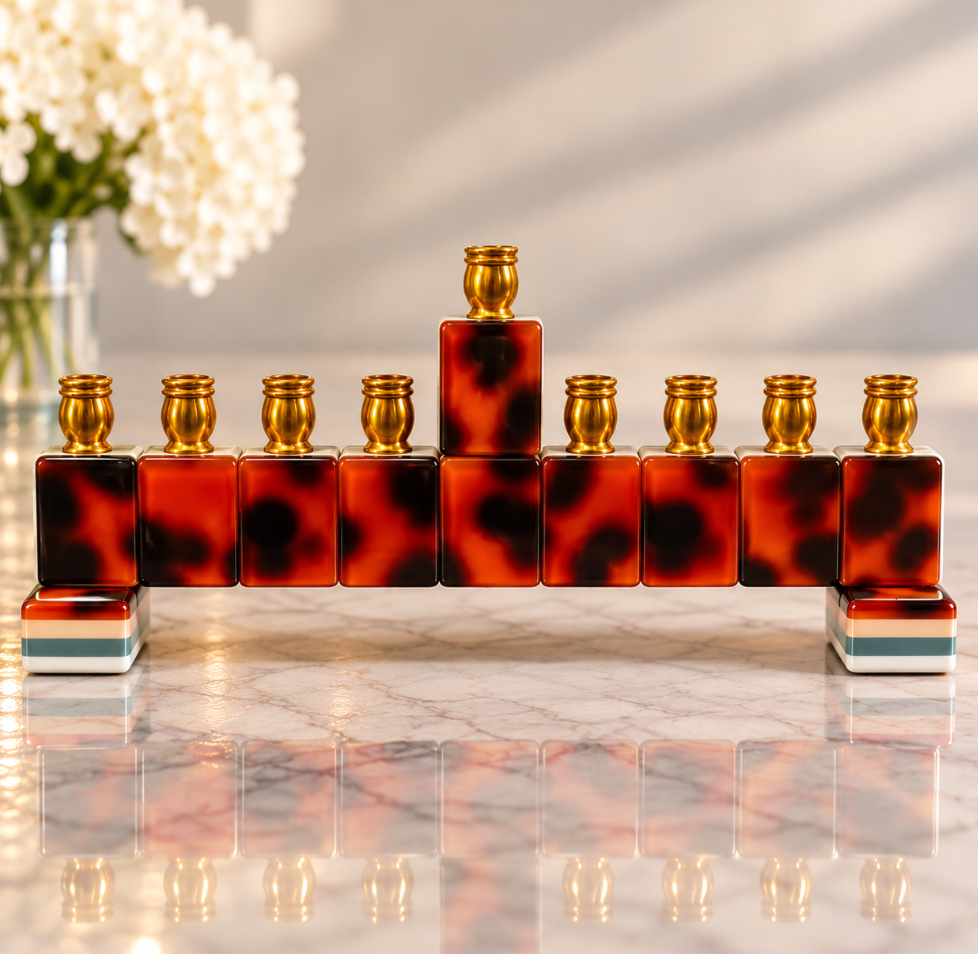 An Eclectic Judaica Mah Jong Menorah - Amber Tortoise made of nine amber tortoise-patterned blocks topped with gold candle cups, resting on two striped bases.