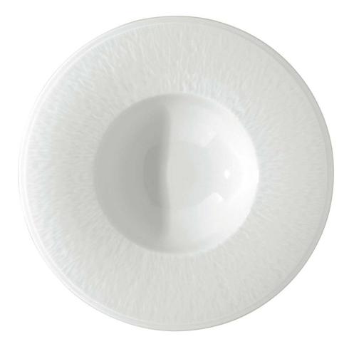 A round Raynaud Mineral Dinnerware Glazed White soup plate in Limoges porcelain with a textured rim and smooth deep center, shown from above on a white background.