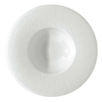A round Raynaud Mineral Dinnerware Glazed White soup plate in Limoges porcelain with a textured rim and smooth deep center, shown from above on a white background.