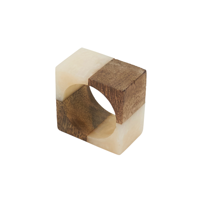 The Two Tone Cube Napkin Ring Set of 4 by Saro Trading features alternating light cream and dark brown wood with a round center—perfect for minimalist décor.