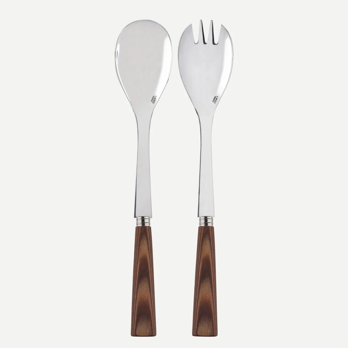 A pair of Sabre Nature Wood 2 Piece Salad Sets, featuring a spoon and fork with polished silver tops and wood-effect handles, are displayed side by side on a white background for a stylish, practical designer look.
