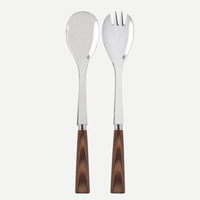 A pair of Sabre Nature Wood 2 Piece Salad Sets, featuring a spoon and fork with polished silver tops and wood-effect handles, are displayed side by side on a white background for a stylish, practical designer look.