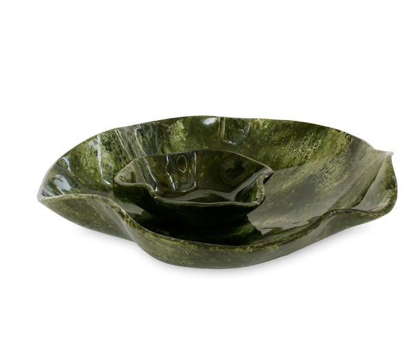 Beatriz Ball Resin Malachite Chip and Dip - Green featuring an organic, wavy-edged design handcrafted from green mottled malachite resin.