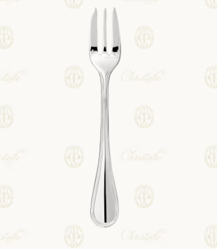 A shiny, silver-plated three-pronged serving fork from the Albi Serving Pieces collection by Christofle, shown on a white background with subtle, repeating Christofle logos.