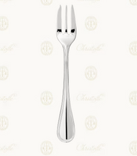 A shiny, silver-plated three-pronged serving fork from the Albi Serving Pieces collection by Christofle, shown on a white background with subtle, repeating Christofle logos.