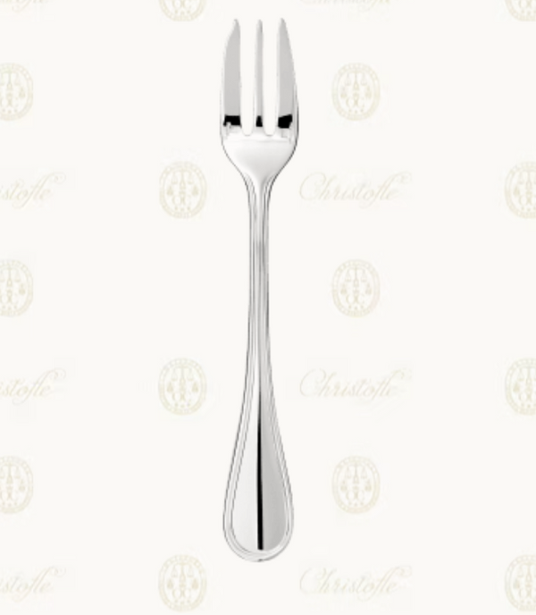 A shiny, silver-plated three-pronged serving fork from the Albi Serving Pieces collection by Christofle, shown on a white background with subtle, repeating Christofle logos.