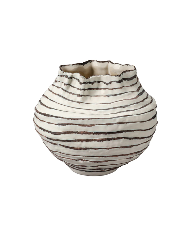 The Cocoon Vase Wide by Jamie Young is a round, white ceramic vase with an uneven rim and hand-drawn-style dark brown horizontal stripes that encircle its textured, wavy surface. Sculpted with gentle curves, this artisanal piece features a unique striped pattern that accentuates its distinctive design.
