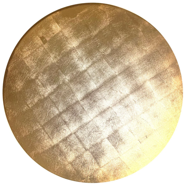 The Lacquer Placemat s/4 - Gold Ombre by Tisch New York features a round, flat design with a gold metallic finish and a textured grid pattern reminiscent of gold leaf for elegant, decorative serving.