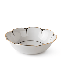 The Drops Dinnerware bowl by Molecot features white Limoges porcelain, a scalloped flower-shaped edge, and a fine gold rim, all showcased against a plain white background.