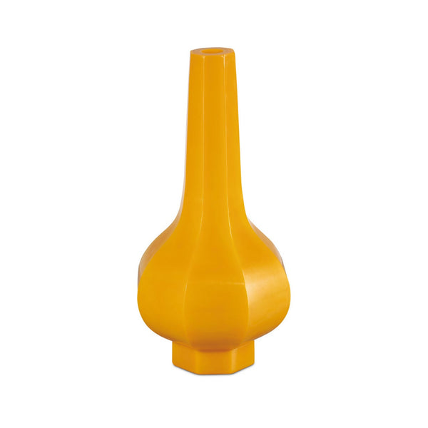 The Dynasty Stem Yellow Vase by Currey & Company features a bright yellow ceramic body with a tall, narrow neck, bulbous base, and smooth glossy finish, inspired by the classic Peking Stem Vase and reimagined with a modern geometric design.