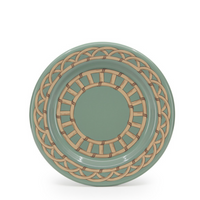 The Domino Wicker Dinnerware Set of 4 in Sea Blue by Crow Canyon Home features round plates with a muted green center and a decorative interwoven tan and brown rattan border on a white background.