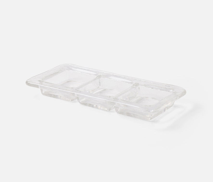 The Blue Pheasant Livingston 3 Section Serving Tray in clear glass features three rectangular compartments and is shown on a white background.