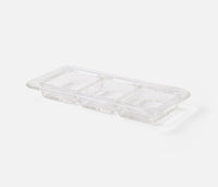 The Blue Pheasant Livingston 3 Section Serving Tray in clear glass features three rectangular compartments and is shown on a white background.