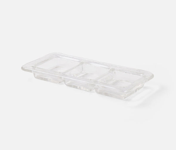 The Blue Pheasant Livingston 3 Section Serving Tray in clear glass features three rectangular compartments and is shown on a white background.