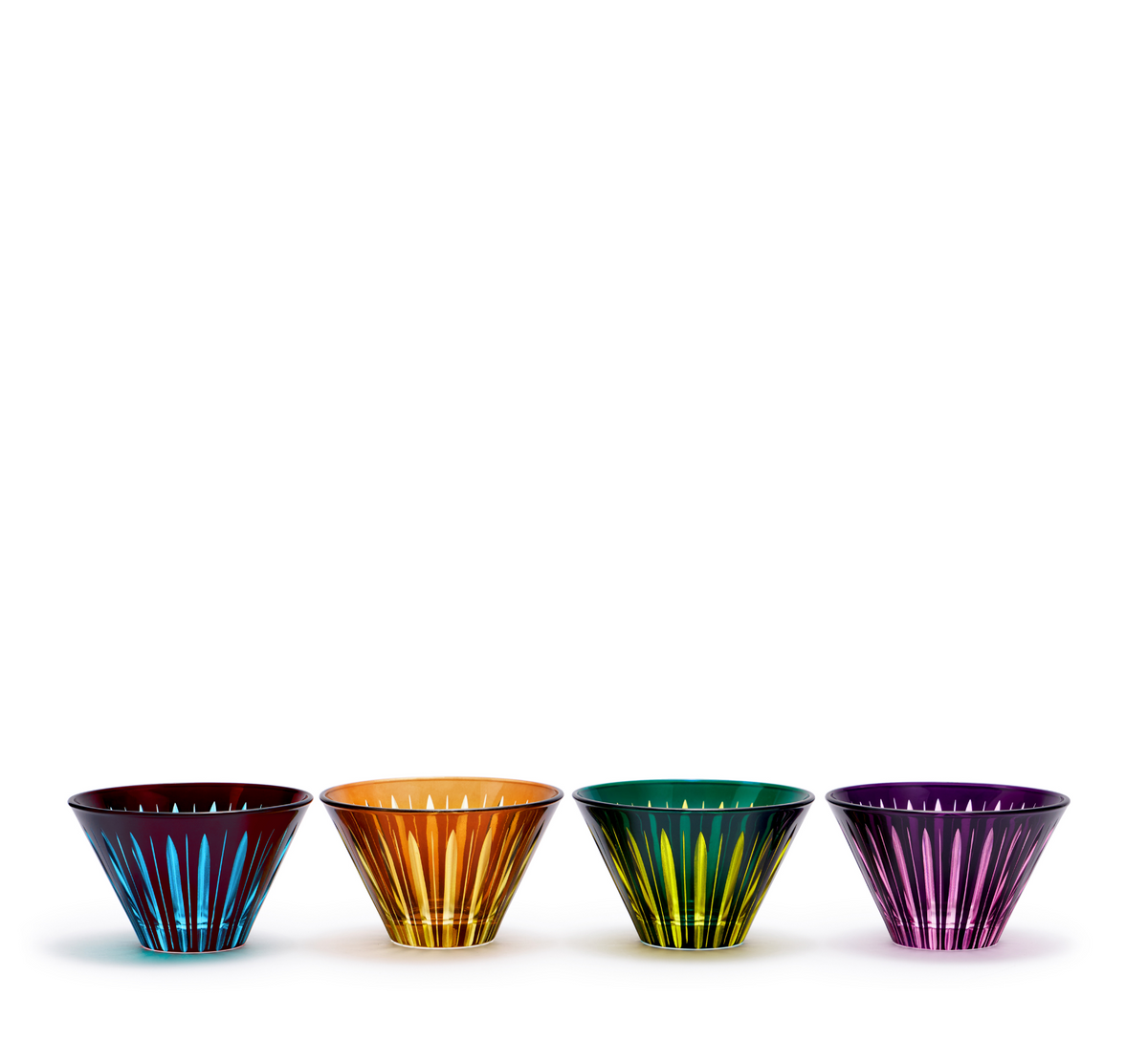 The Prism Condiment Bowls Set of 4 - Assorted by L'Objet features vibrant, cone-shaped glass bowls in blue, orange, green, and purple with vertical stripes, displayed side by side against a white minimalist background.