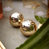 Two gleaming Stars Spice Jewels Salt & Pepper Set - Platinum shakers by L'Objet, with small star accents, rest on a gray surface near green leaves and glassware.