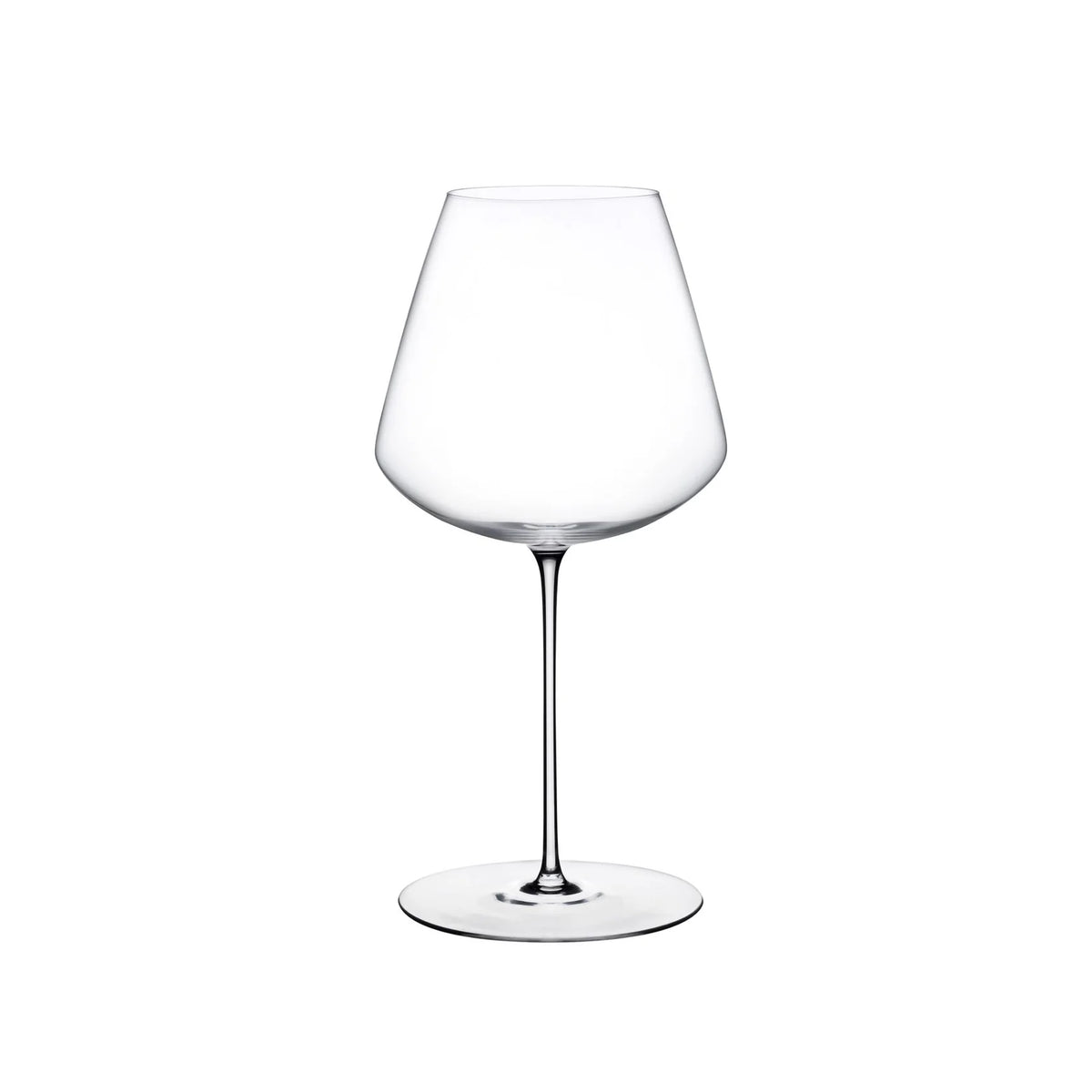 A clear Stem Zero Elegant Red Wine Glass by Nude Glassware, featuring a wide bowl and thin stem, is centered on a white background.