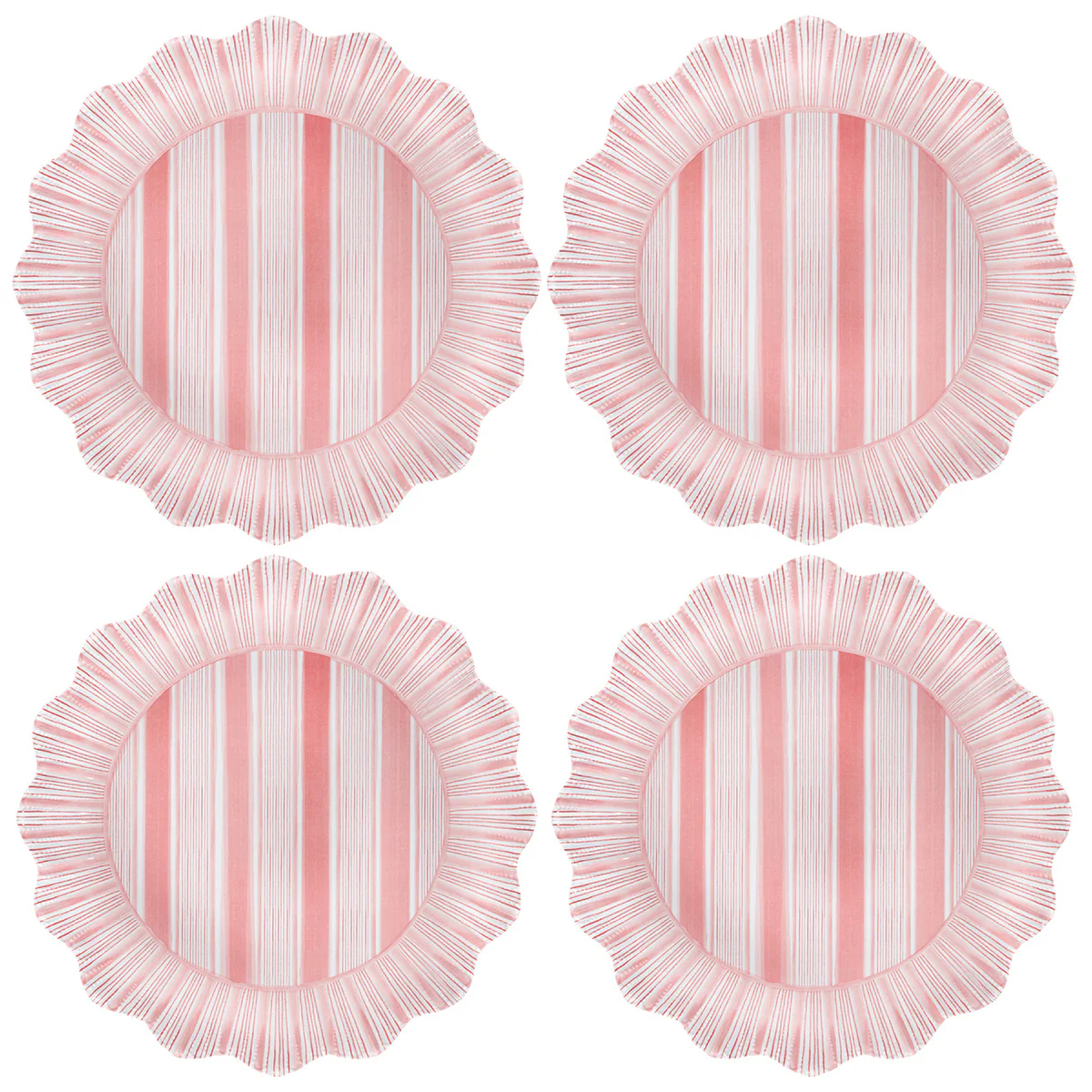 The Juliska Cabana Stripe Melamine Dinnerware Set of 4 in Coral features round plates with ruffled edges and vertical pink and white stripes, arranged in a grid on a white background.