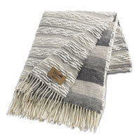 The Strato Throw by Lands Downunder is a folded Merino wool blanket in gray and white stripes, with textured horizontal lines, fringed edges, and a small brown patch label on one corner.