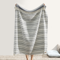 A person holds up the large Strato Throw by Lands Downunder, covering most of their body with only hands and feet visible. The simple setting includes a woven rug and two cushions on the floor.