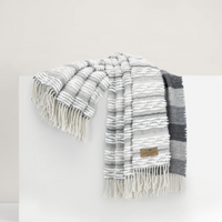 The Strato Throw by Lands Downunder, featuring gray and white stripes and fringe on both ends, is draped over a white surface. A small brown tag appears on one side of this reversible throw blanket.