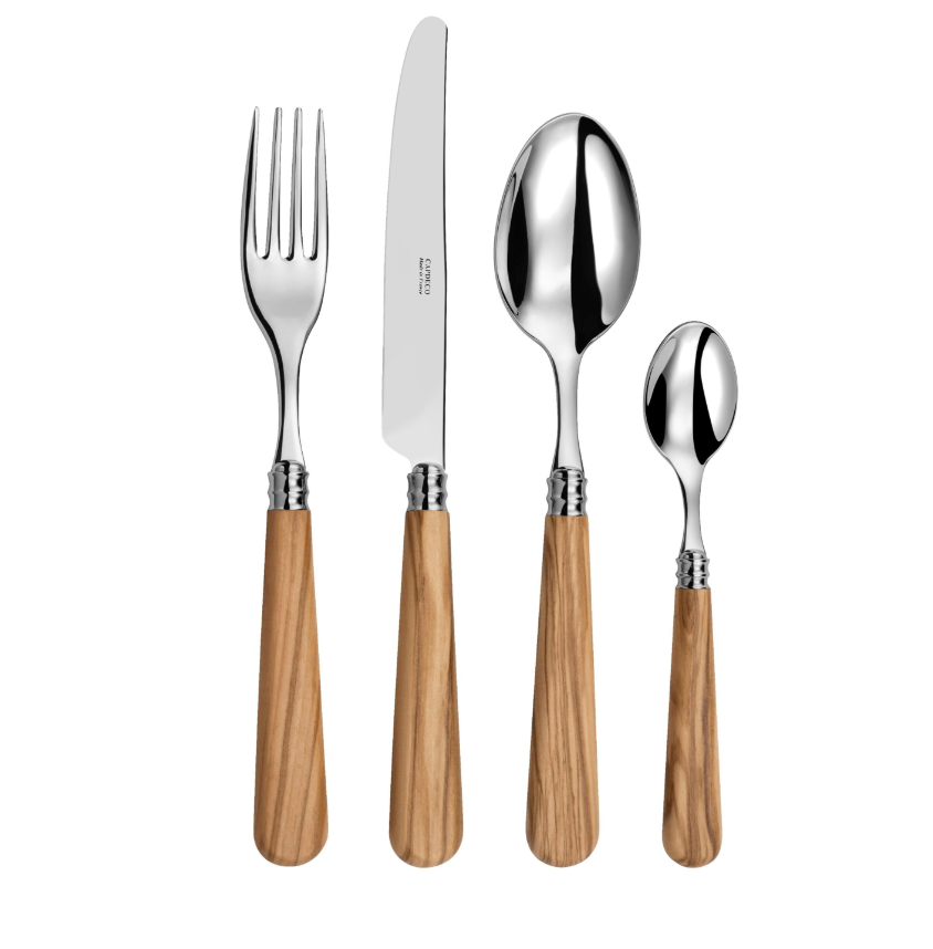The Capdeco Altea Flatware 5 Piece Setting features shiny metal utensils with olive wood handles, including a fork, knife, tablespoon, teaspoon, and salad fork, elegantly arranged upright on a white background.
