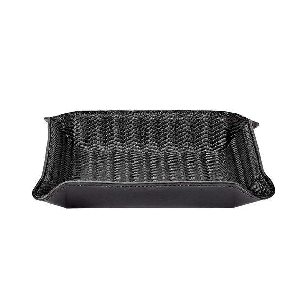 The Graphic Image Leather Valet Tray - Black Woven features a black rectangular design with raised slanted edges and a chevron textured interior, making it a stylish catch-all for essentials.