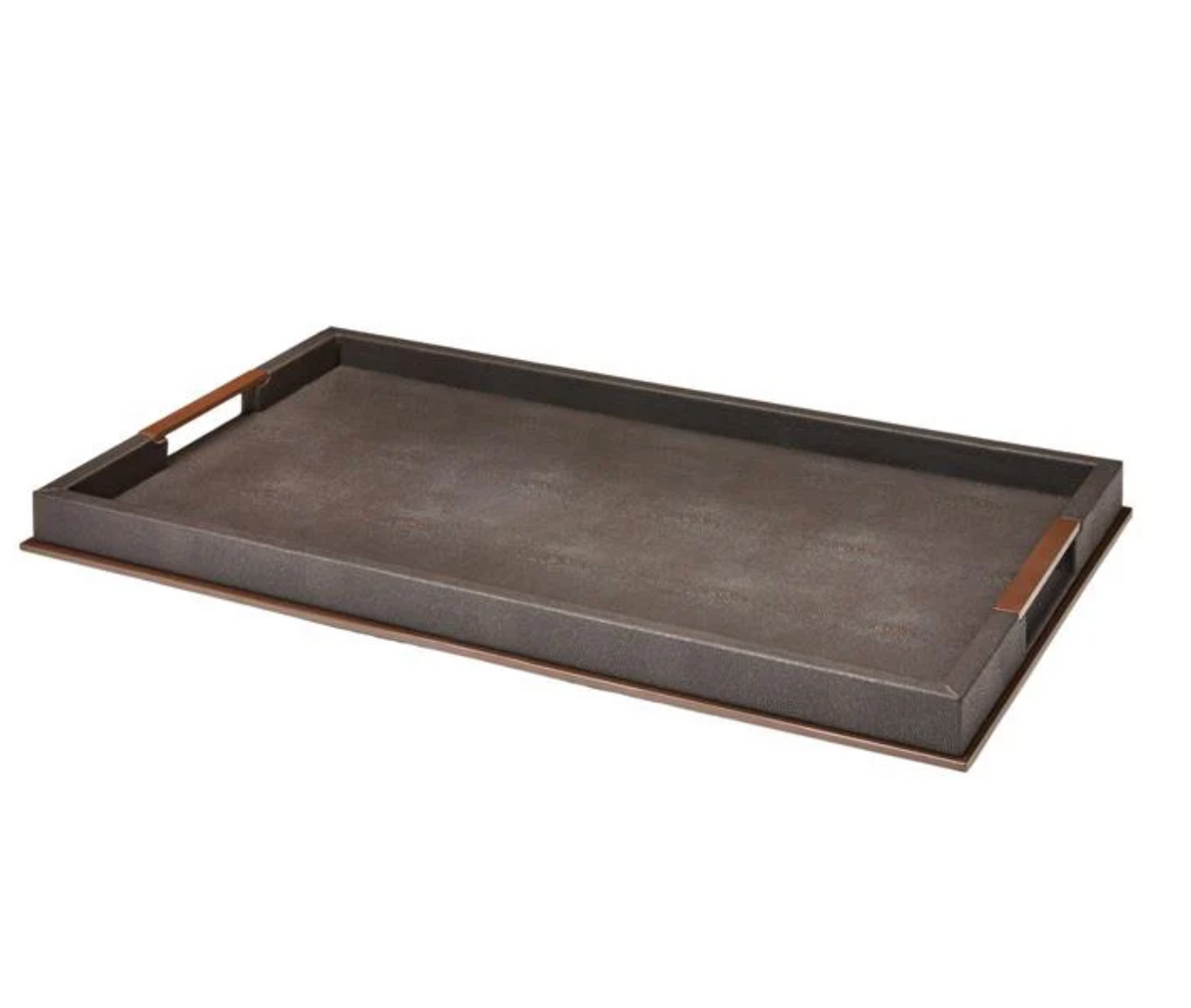 Large rectangular Addison Ross Faux Shagreen Tray Anthracite - Rectangle - Large with cutout handles on the sides and bronze metal trim.