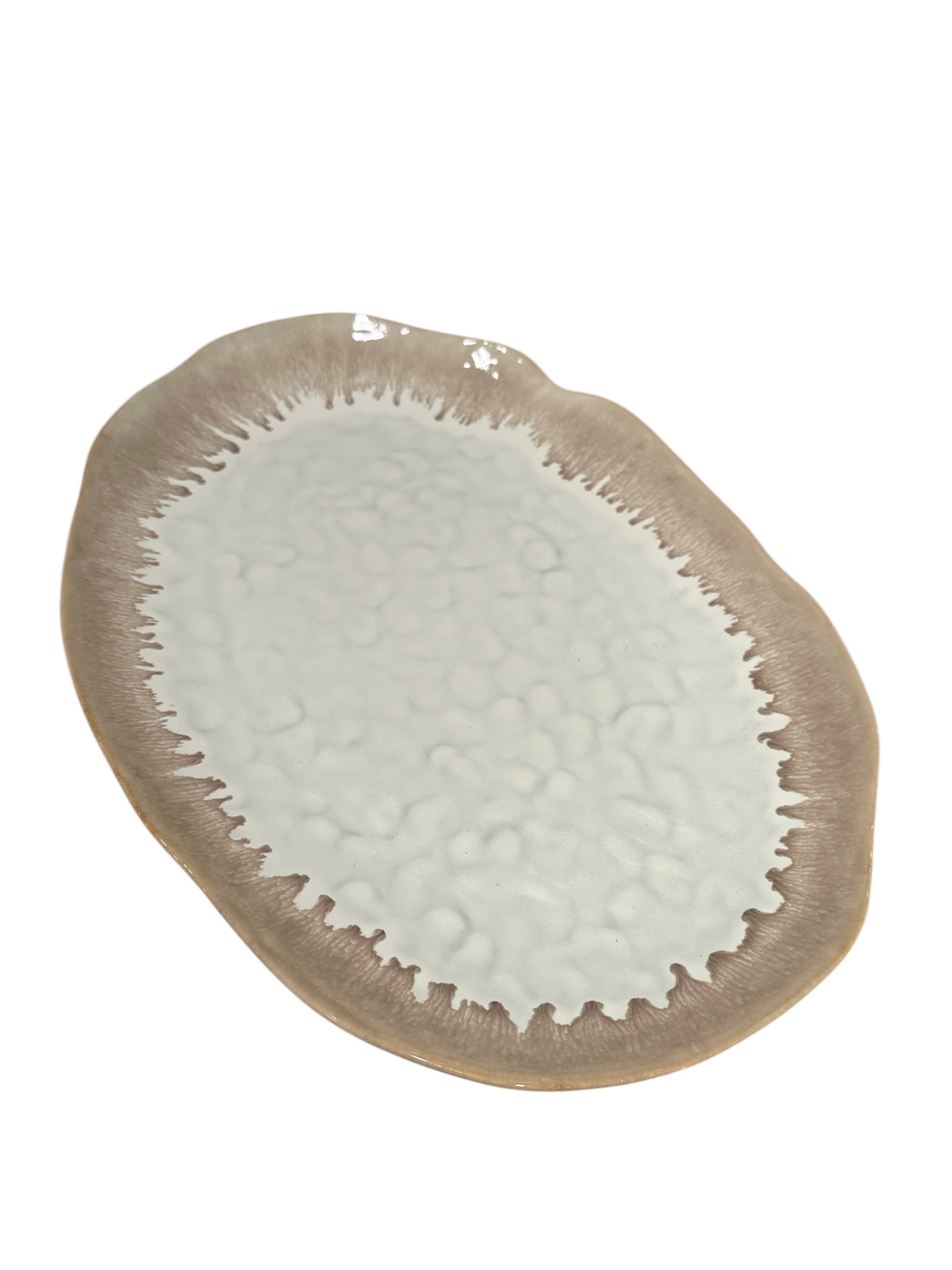 The Simon Pearce Burlington Dinnerware Bluff is an oval ceramic plate with a textured light grey center and a brown, irregular edge, offering an organic look inspired by natural stone.
