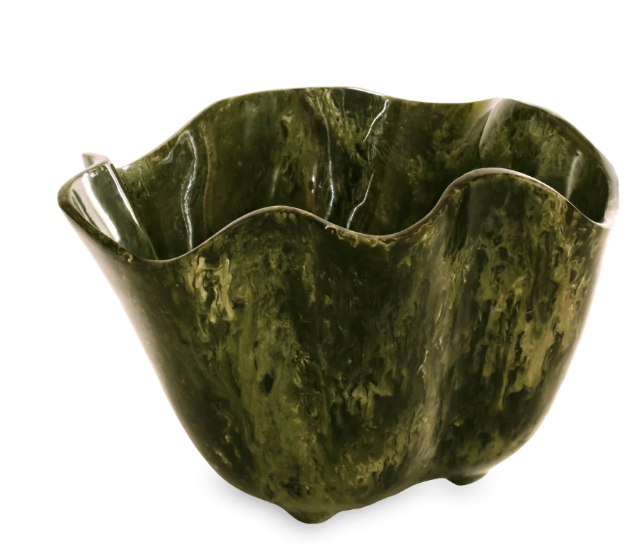 A glossy, green Beatriz Ball Resin Malachite Ice Bucket features wavy edges and a marbled pattern, resembling carved stone or polished malachite.