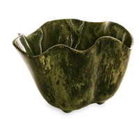 A glossy, green Beatriz Ball Resin Malachite Ice Bucket features wavy edges and a marbled pattern, resembling carved stone or polished malachite.