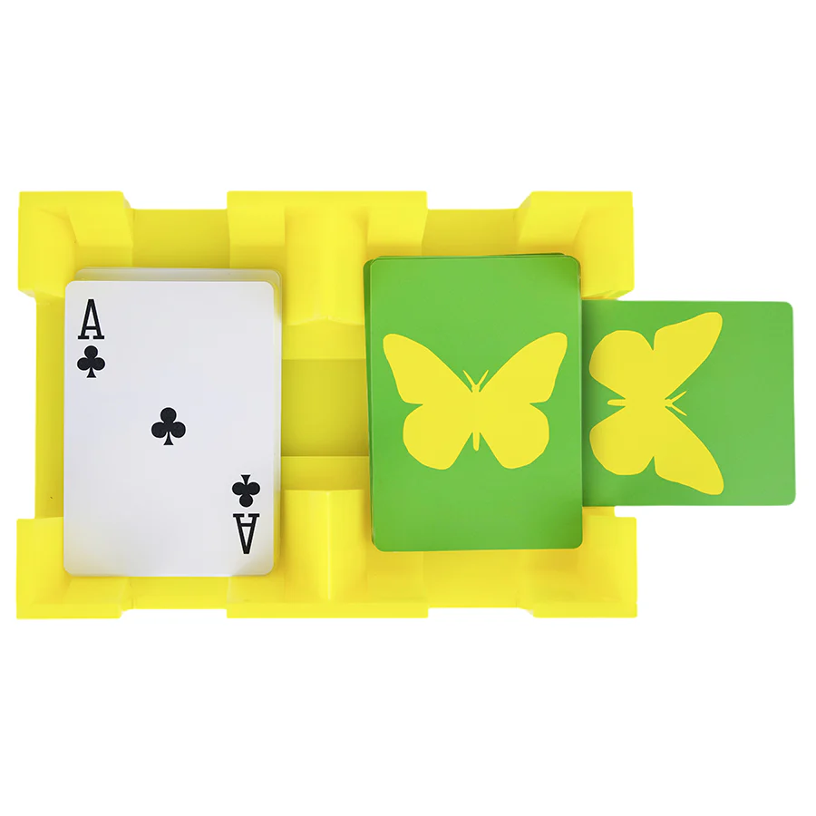 Canasta Sets’ Canasta Spinner is a yellow card holder that displays three cards—the Ace of Clubs and two green butterfly cards—making it perfect for game night.