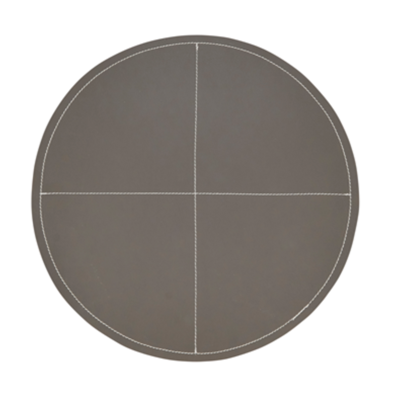 The Saro Trading Faux Leather Round Slate Placemat Set of 4 features dark grey placemats with two intersecting white dashed lines that divide each into four equal sections.