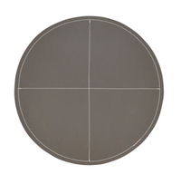 The Saro Trading Faux Leather Round Slate Placemat Set of 4 features dark grey placemats with two intersecting white dashed lines that divide each into four equal sections.