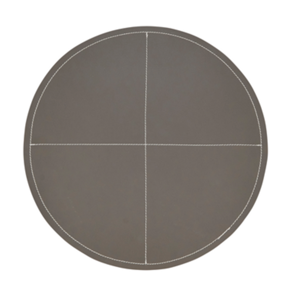 The Saro Trading Faux Leather Round Slate Placemat Set of 4 features dark grey placemats with two intersecting white dashed lines that divide each into four equal sections.