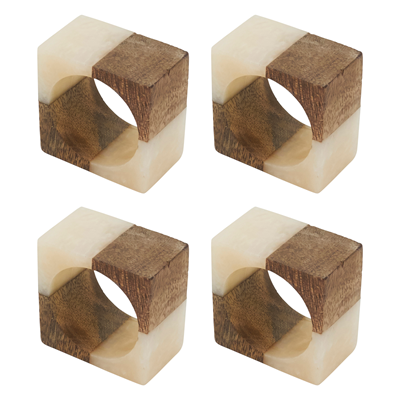 The Saro Trading Two Tone Cube Napkin Ring Set of 4 features square rings crafted from brown wood and cream resin with circular center holes, arranged in a two-by-two grid—ideal for minimalist décor.
