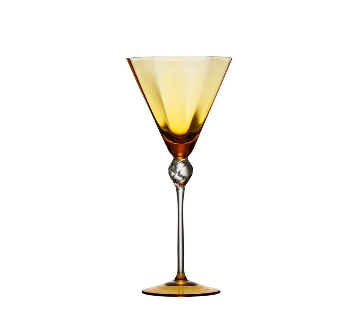 The Daphne Glassware- Amber by Kim Seybert features a tall amber wine glass with a sculpted clear stem, crafted from Czech glass, standing elegantly against a white background.