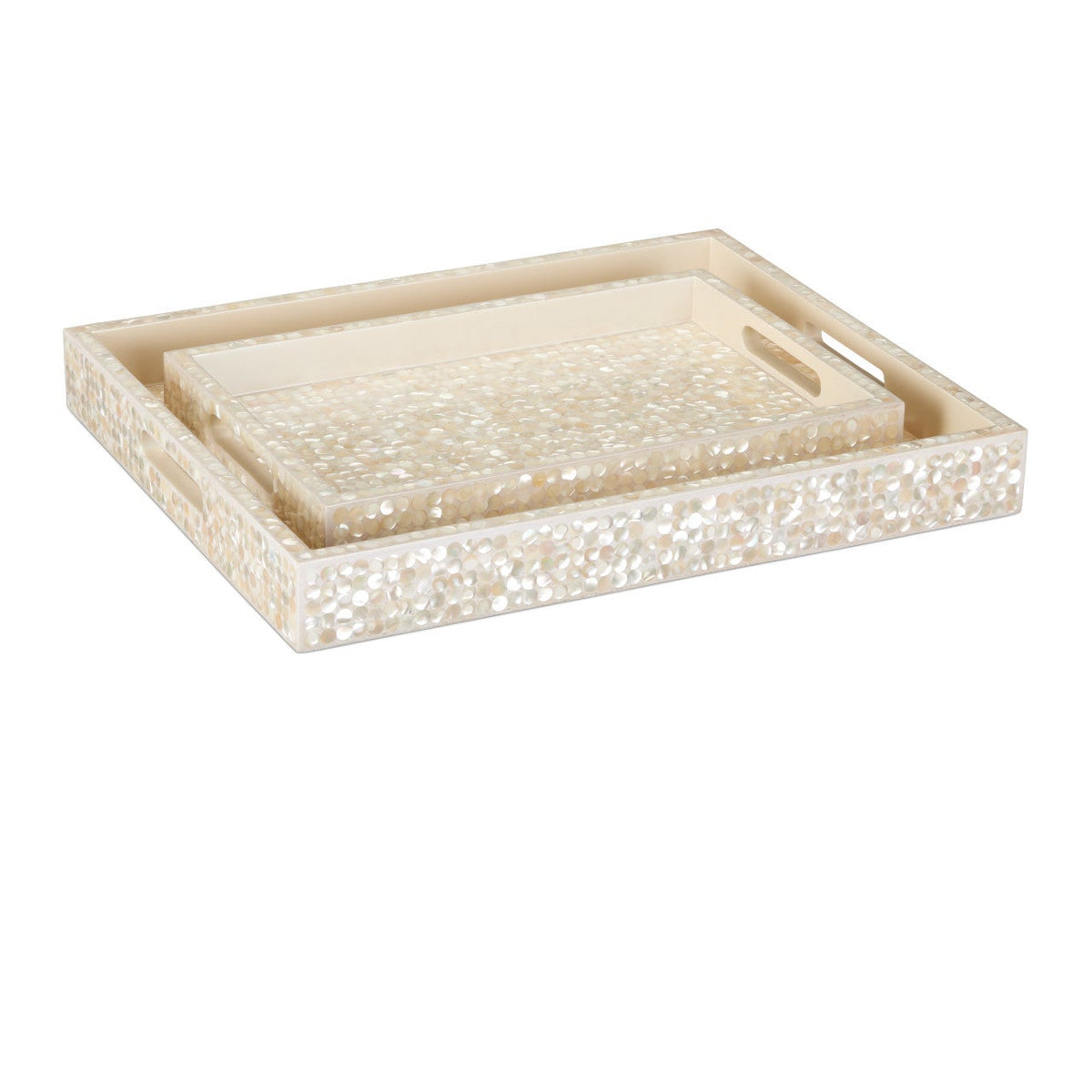 Two rectangular cream-colored Graceland Mother Of Pear Trays by Currey & Company, with a pearlescent mosaic pattern and side cutout handles—perfect stacked as luxury home decor.