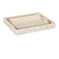 Two rectangular cream-colored Graceland Mother Of Pear Trays by Currey & Company, with a pearlescent mosaic pattern and side cutout handles—perfect stacked as luxury home decor.