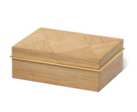 The Aerin Marcello Box Oak is a rectangular Art Deco wood box featuring a geometric patterned lid and a slim gold accent around the center, making it perfect as a decorative desk organizer.