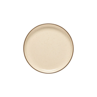 The Casafina/Costa Nova Pacifica Dinnerware Monterosa Beige plate is round with a smooth, simple design, features subtle speckles and a slightly darker brown rim, and is shown from above on a white background.