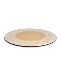 The Terra Platter Charger Dusty Rose by L'Objet is a round, dusty rose ceramic plate with a subtly textured rim and smooth center—ideal for pairing with elegant porcelain placemats.