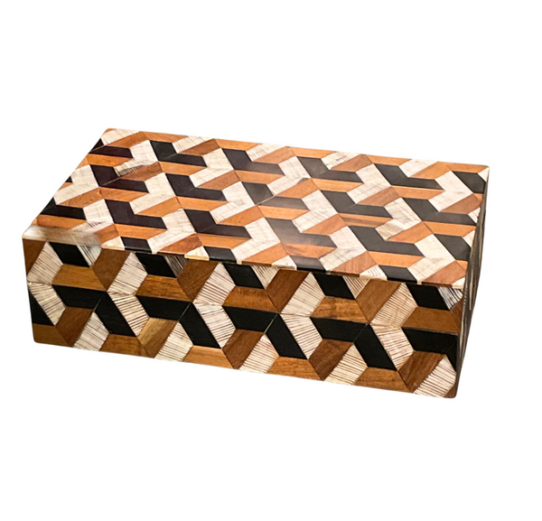 The Tuscany Bone Box by A Sanoma Inc features a rectangular design with inlaid wood and black patterns on white—an elegant accessory and striking statement piece for any space.