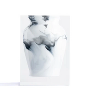 The JR William Lucite Vase Collection showcases a modern vase image with swirling black and gray ink patterns, encased in a luxury acrylic resin block for an artistic illusion against a white background.